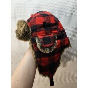 Urban Pipeline Red Black Buffalo Plaid Trapper Hat Faux-Fur Lined Ear Flaps 4842